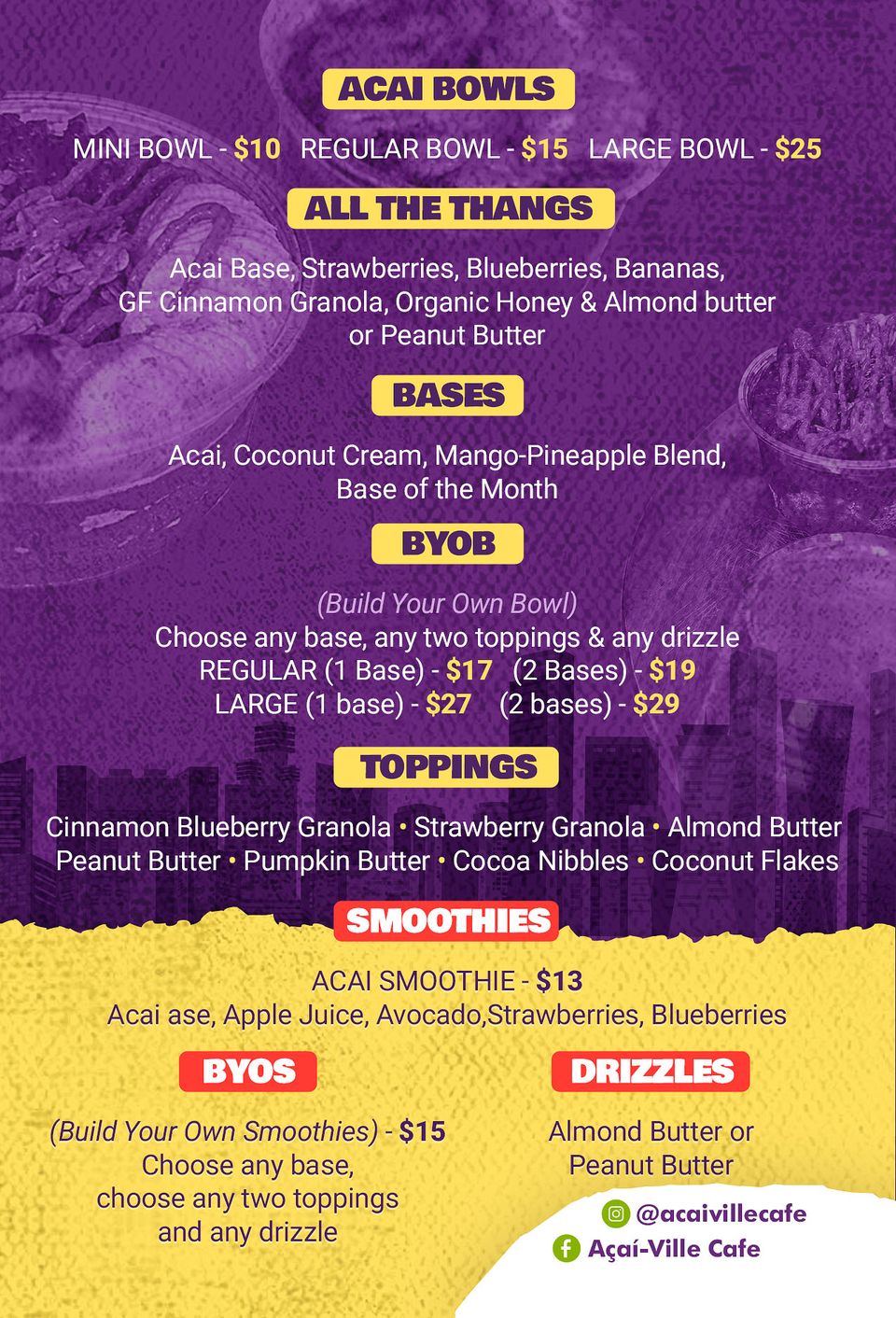 Acai-Ville Cafe menu card